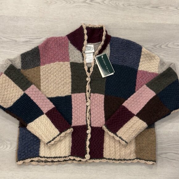NWT VTG Laura Ashley Knit Patchwork Cardigan Cottagecore Shetland Wool Sz L